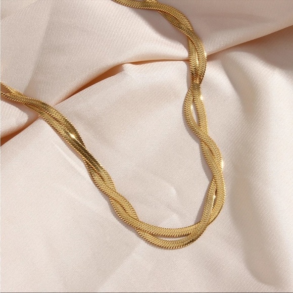 18K Gold Plated Braided Herringbone Chain Necklace - Picture 2 of 10